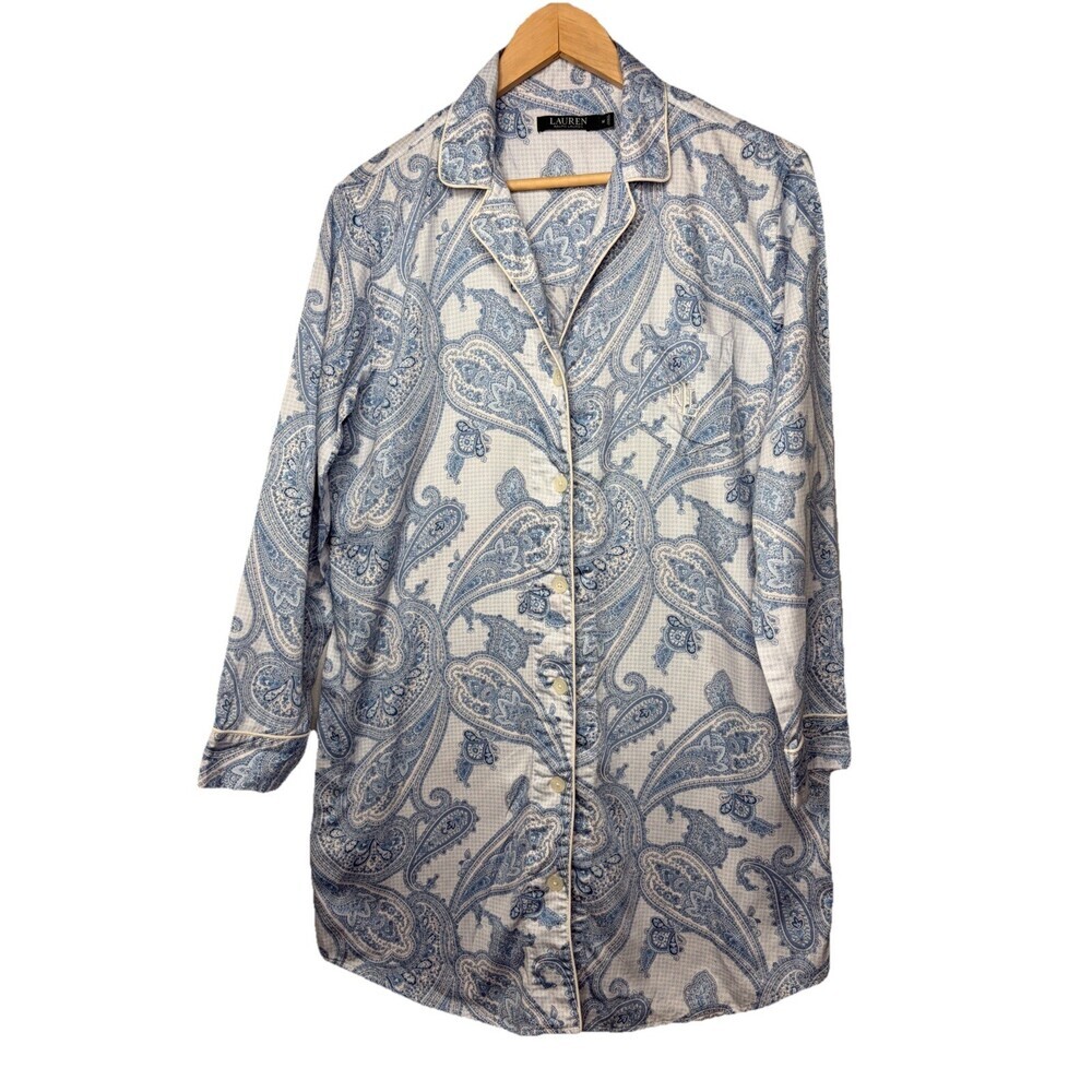 Lauren Ralph Lauren Blue Paisley Nightshirt Pajama Embroidered Size M Flaw